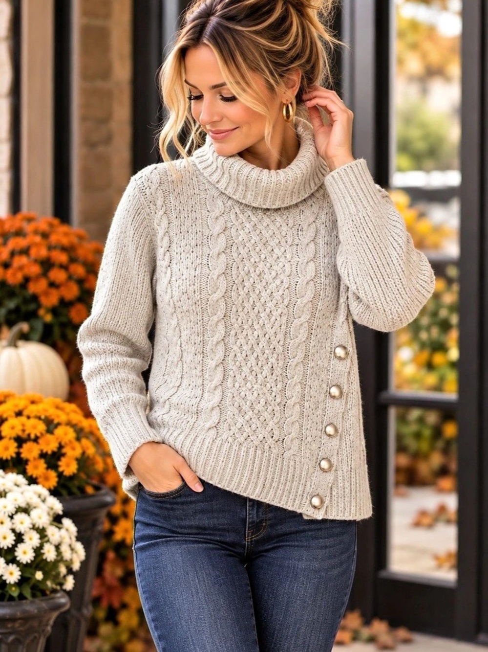 Liz Claiborne Oatmeal Cable Knit Turtleneck Side Button Sweater XS